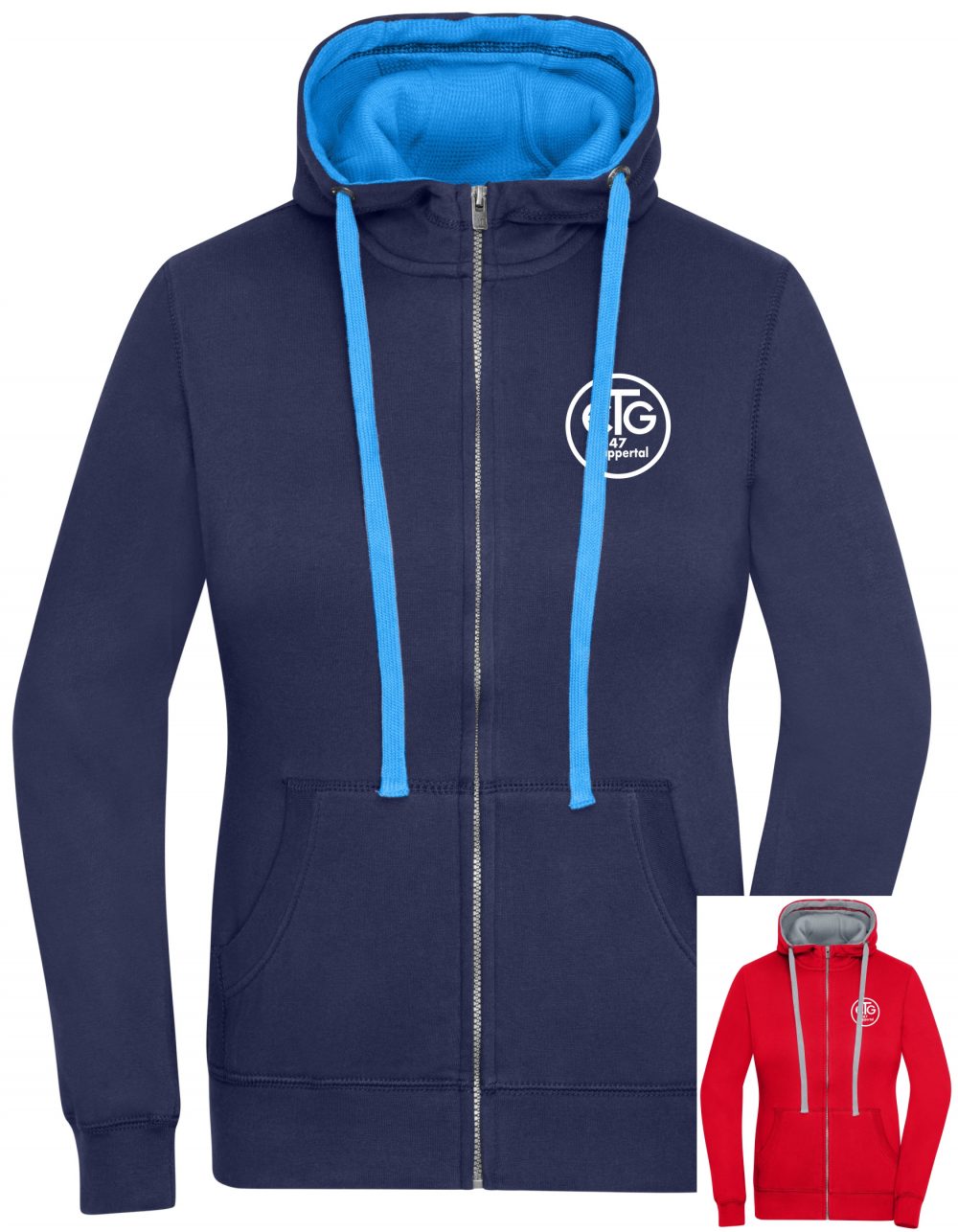 ETGJN962_Frontbild_Navy Damen Lifestyle Zip-Hoodie inkl. Druck Brust + Rücken